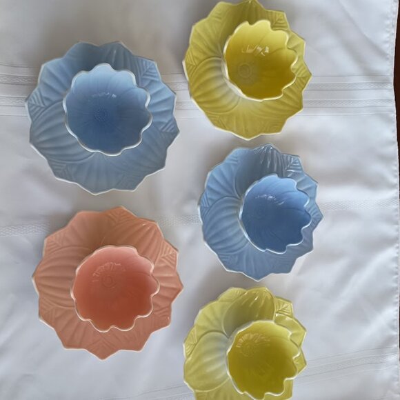 Set of 5 Vintage Anchor Hocking Fire King Lotus Leaf and Blossom Sets - Picture 2 of 10